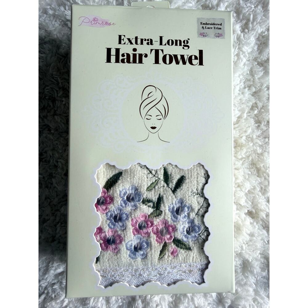 Primrose Long Hair Towel Embroidered Floral Lace Trim Microfiber Wrap 40x30 NEW
